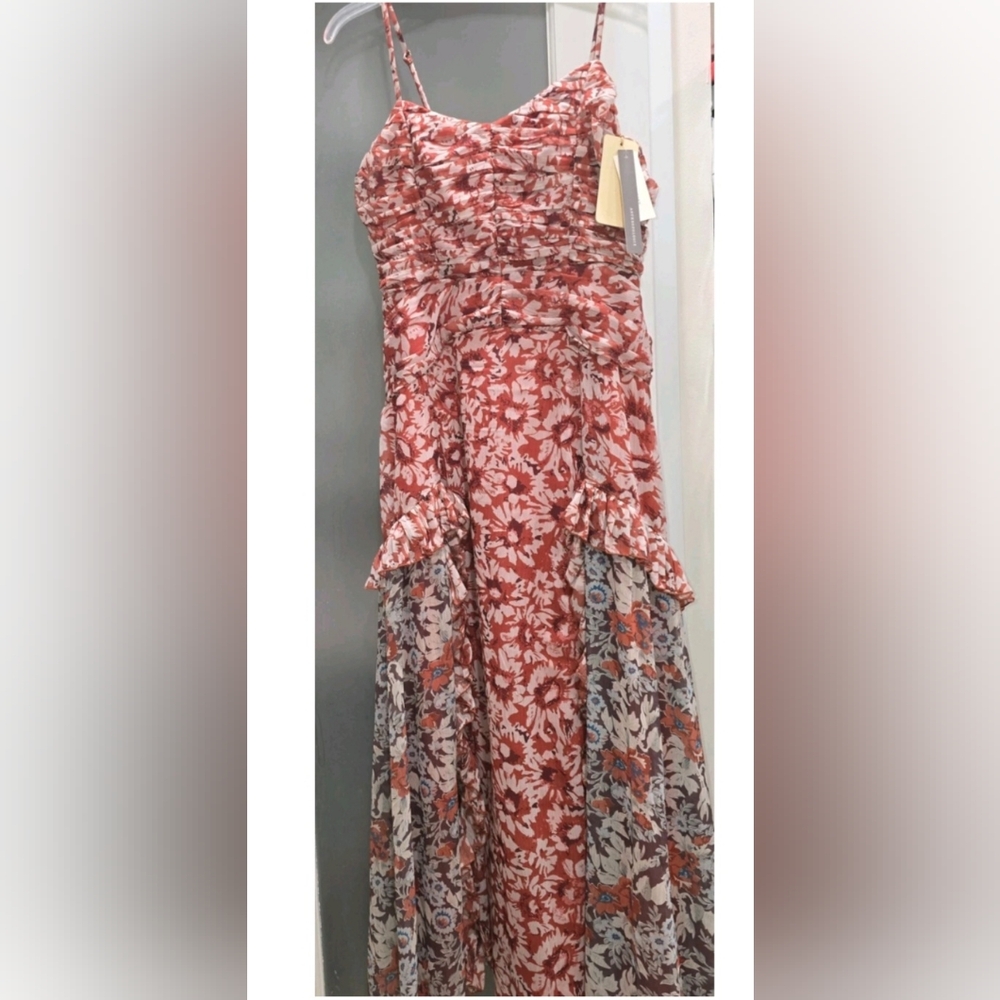 Anthropologie Mix Floral Midi Dress - Red & White, Ruched, Fit &Flare, Sz:S, NWT
